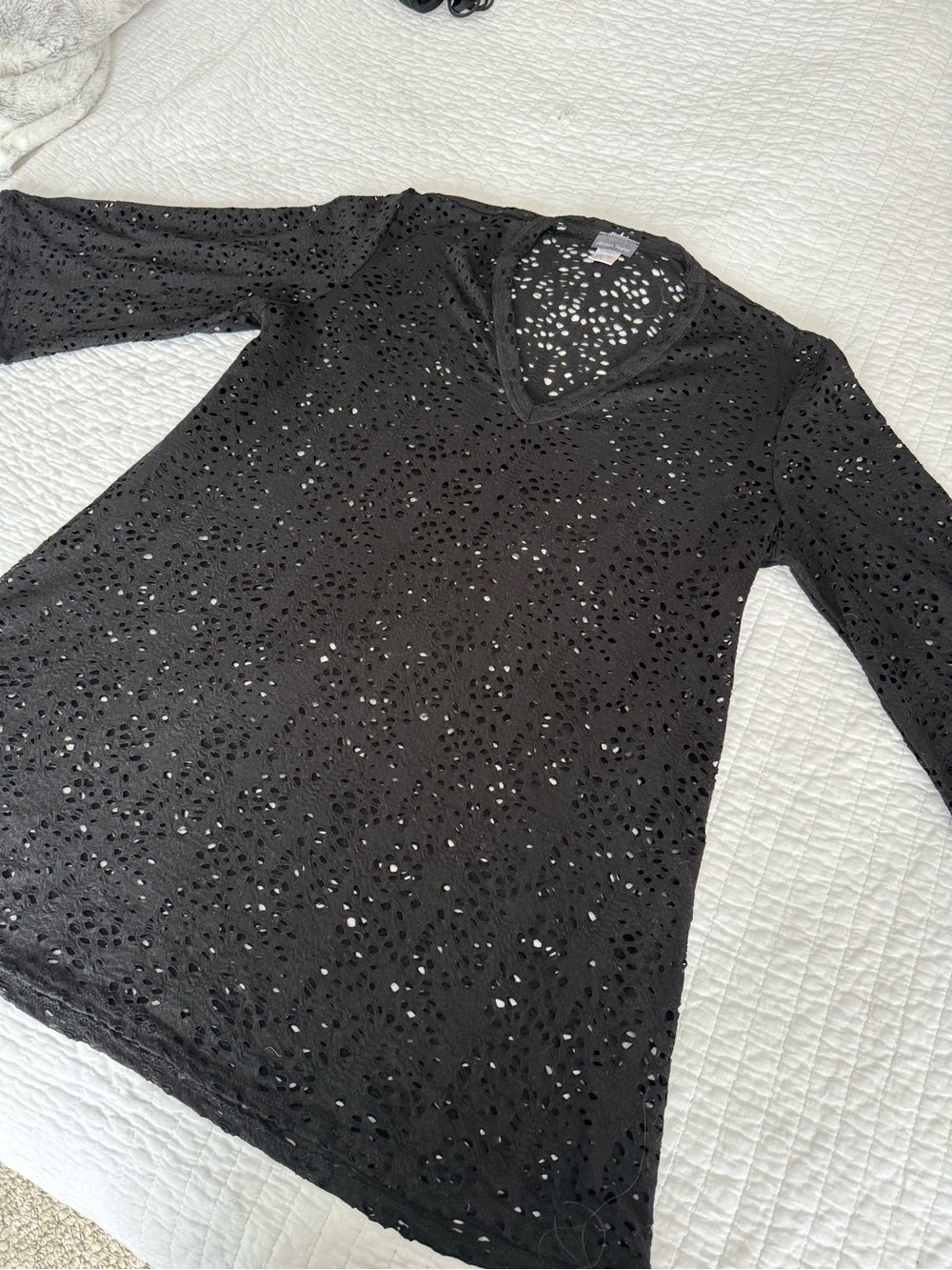 Black Eyelet V-Neck Long Sleeve Cover up